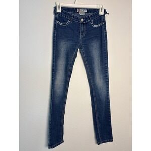 YASO Girls Dark Wash Skinny Jeans Size 12 Contrast Stitch Rhinestone Denim